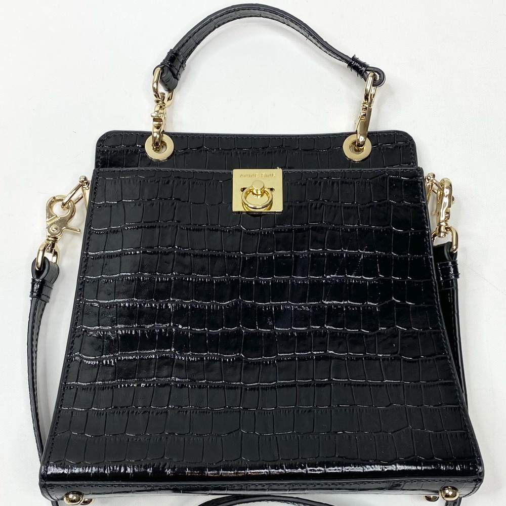 Anine Bing Black Croc-Embossed Top-Handle Bag with Gold Hardware